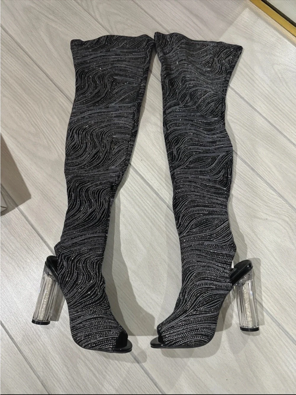 Cape Robbin Black Glitter Over-the-Knee Sock Boots with Clear Block Heel